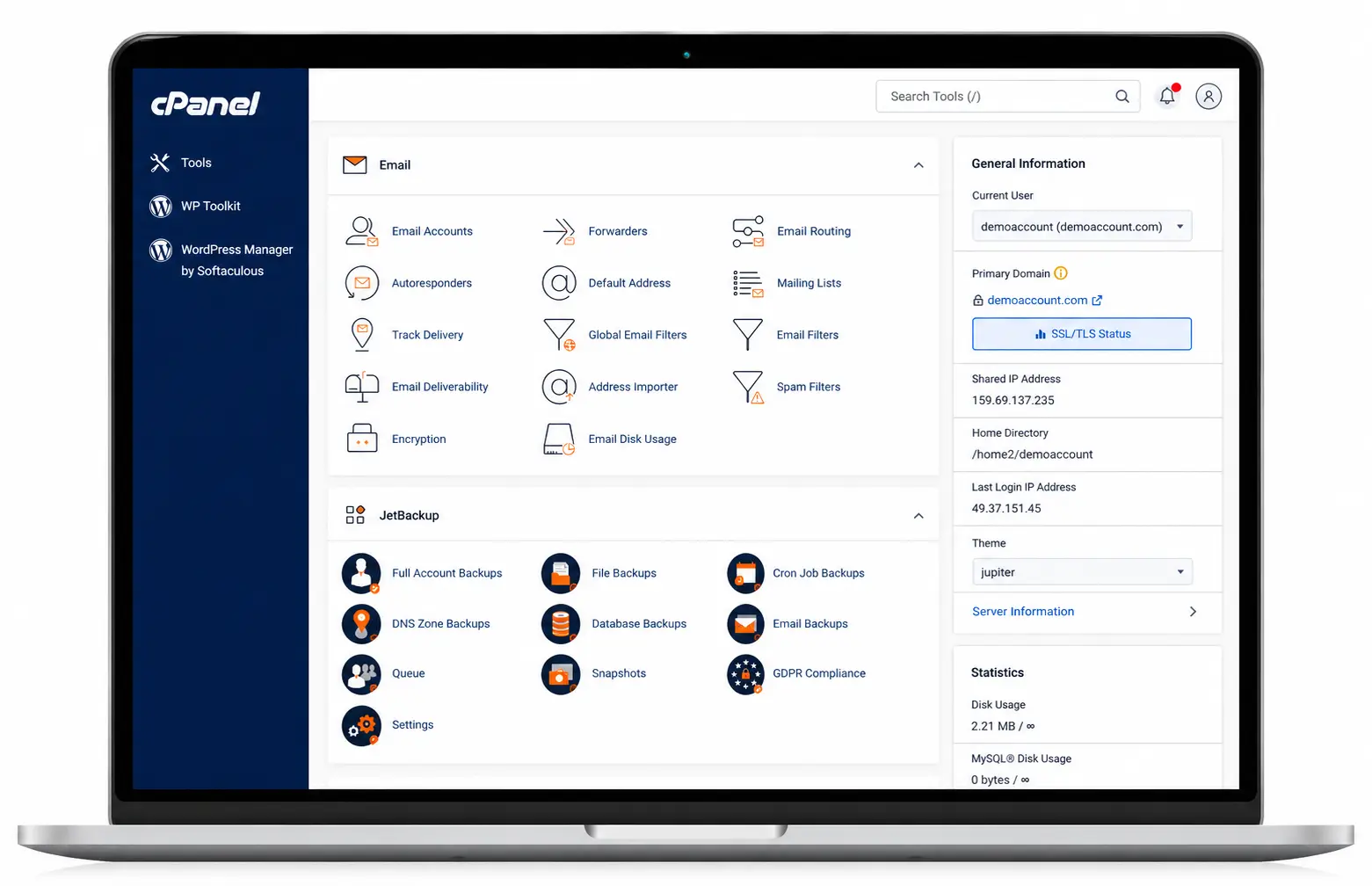 WebyStrata cPanel demo dashboard